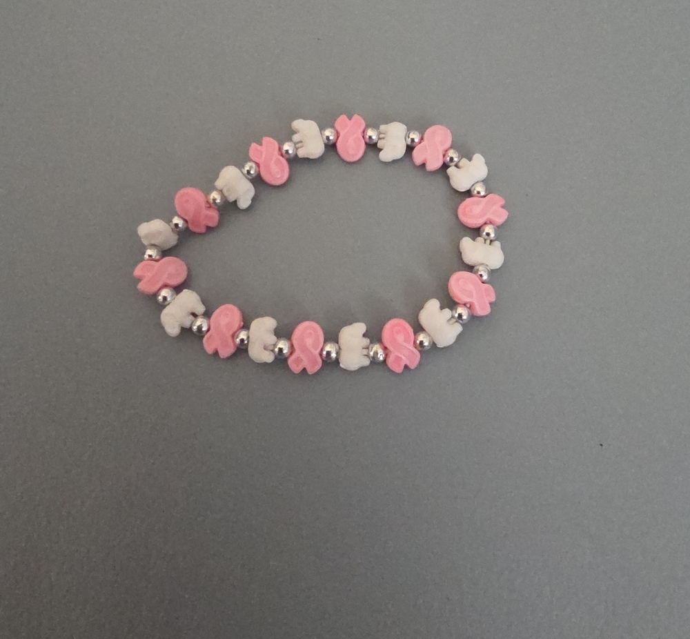 Pink & White Ribbon Bead Stretch Bracelet